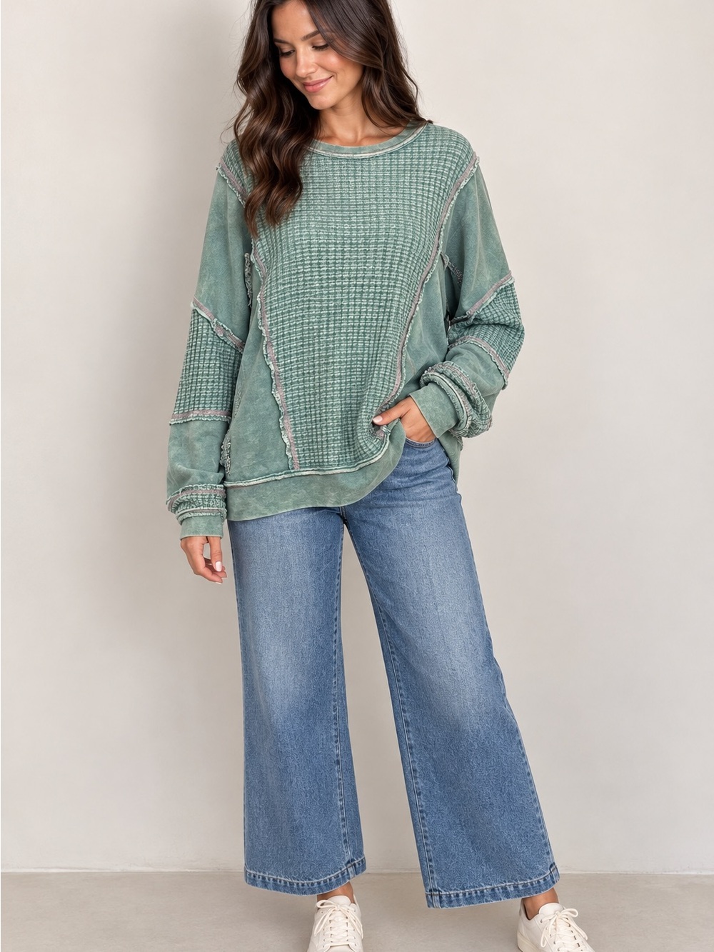 Easel Los Angeles Oversized Green Textured Patchwork Boho Pullover Small